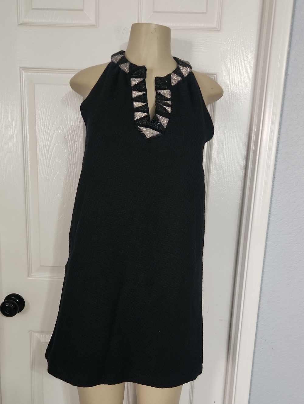 Black Halter Mini Dress with Metallic Silver Trim